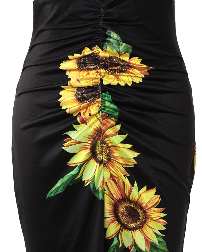 Plunge Sunflower Print High Slit Party Dress