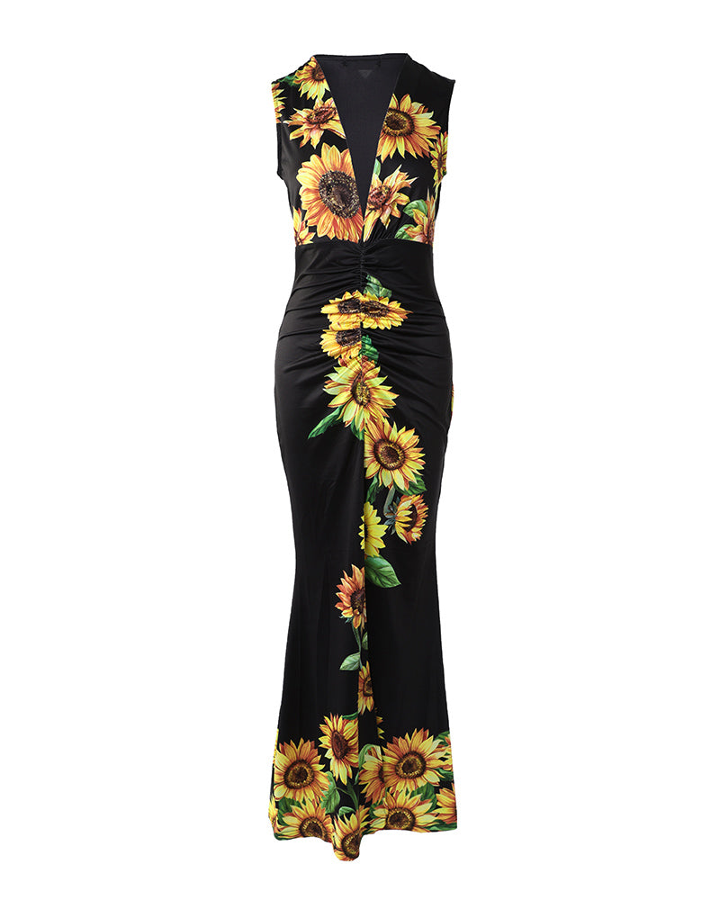 Plunge Sunflower Print High Slit Party Dress