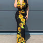 Plunge Sunflower Print High Slit Party Dress