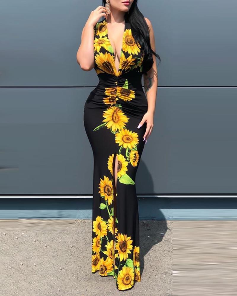 Plunge Sunflower Print High Slit Party Dress