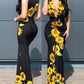 Plunge Sunflower Print High Slit Party Dress