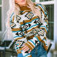 Brown Aztec Striped Knit Ribbed Trim Sweater