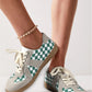 Sea Green Checkered PU Leather Lace-up Flat Shoes