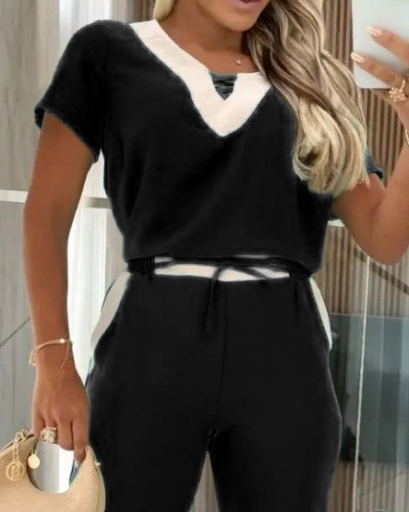 2 Pieces Colorblock V Neck Short Sleeve Top and Casual Drawstring Waist Pants Set