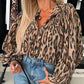 Leopard Print Round Neck Long Sleeve Front Button Blouse Casual Top