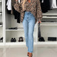 Leopard Print Round Neck Long Sleeve Front Button Blouse Casual Top