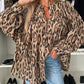 Leopard Print Round Neck Long Sleeve Front Button Blouse Casual Top