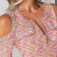 Pearls Decor Multi color Cold Shoulder Long Sleeve Half Zipper Tee Flap Detail Waffle Slim Fit Top