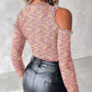 Pearls Decor Multi color Cold Shoulder Long Sleeve Half Zipper Tee Flap Detail Waffle Slim Fit Top