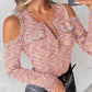 Pearls Decor Multi color Cold Shoulder Long Sleeve Half Zipper Tee Flap Detail Waffle Slim Fit Top