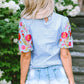 Light Blue Gingham Floral Embroidered Puff Sleeve Blouse