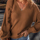 Camel Ribbed Knit Drop Sleeve V Neck Loose Fit Sweater