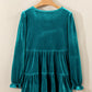 Sea Green Velvet V Neck Peplum Hem Puff Sleeve Blouse