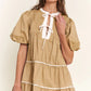 Pale Khaki Contrast Trim Pintuck Puff Sleeve Tied Neck Short Dress