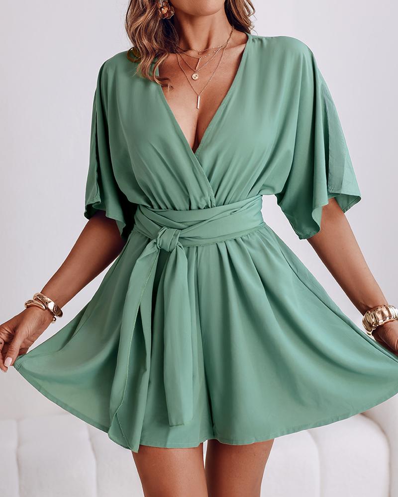 V Neck Half Sleeve Tied Detail Romper