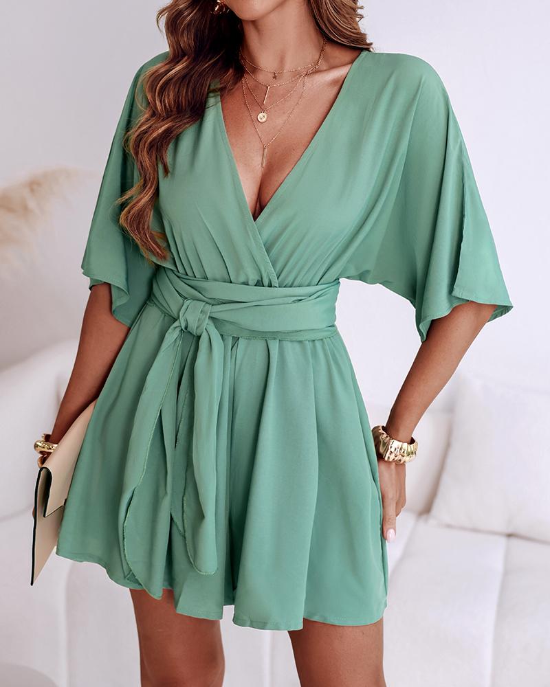 V Neck Half Sleeve Tied Detail Romper