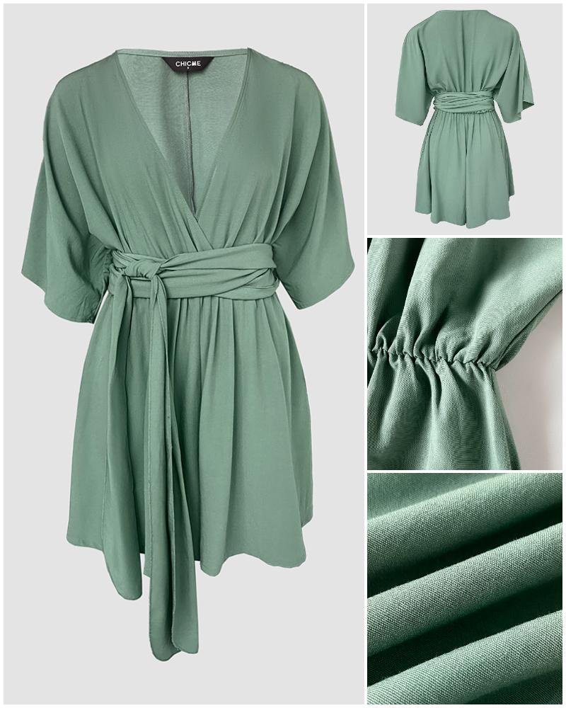 V Neck Half Sleeve Tied Detail Romper