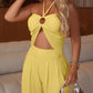 2 Pieces Outfit Crape Halter Ruffles Spaghetti Strap Tank and Casual Wide Leg Pants Set