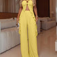 2 Pieces Outfit Crape Halter Ruffles Spaghetti Strap Tank and Casual Wide Leg Pants Set