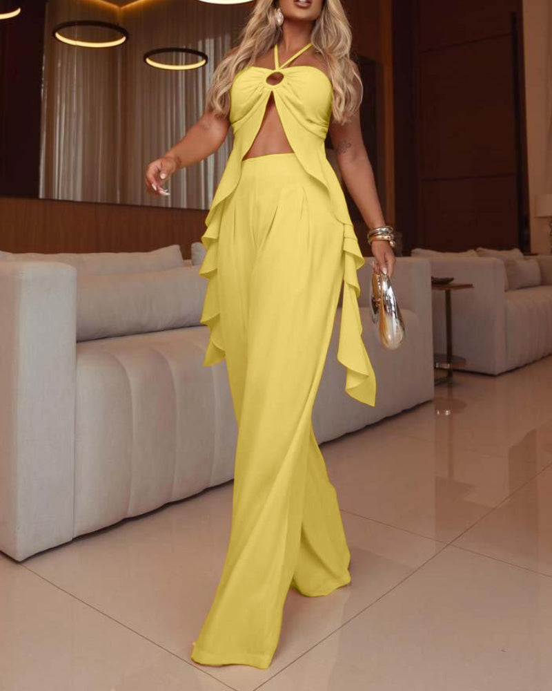 2 Pieces Outfit Crape Halter Ruffles Spaghetti Strap Tank and Casual Wide Leg Pants Set