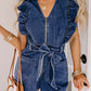 Sail Blue Denim Ruffled Zipped Front Belted Romper