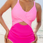 Rose Red Ric Rac Trim Contrasted Patchwork Cutout One Piece Swimsuit