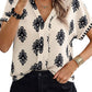 Black Geometric Print Short Sleeve V Neck Blouse