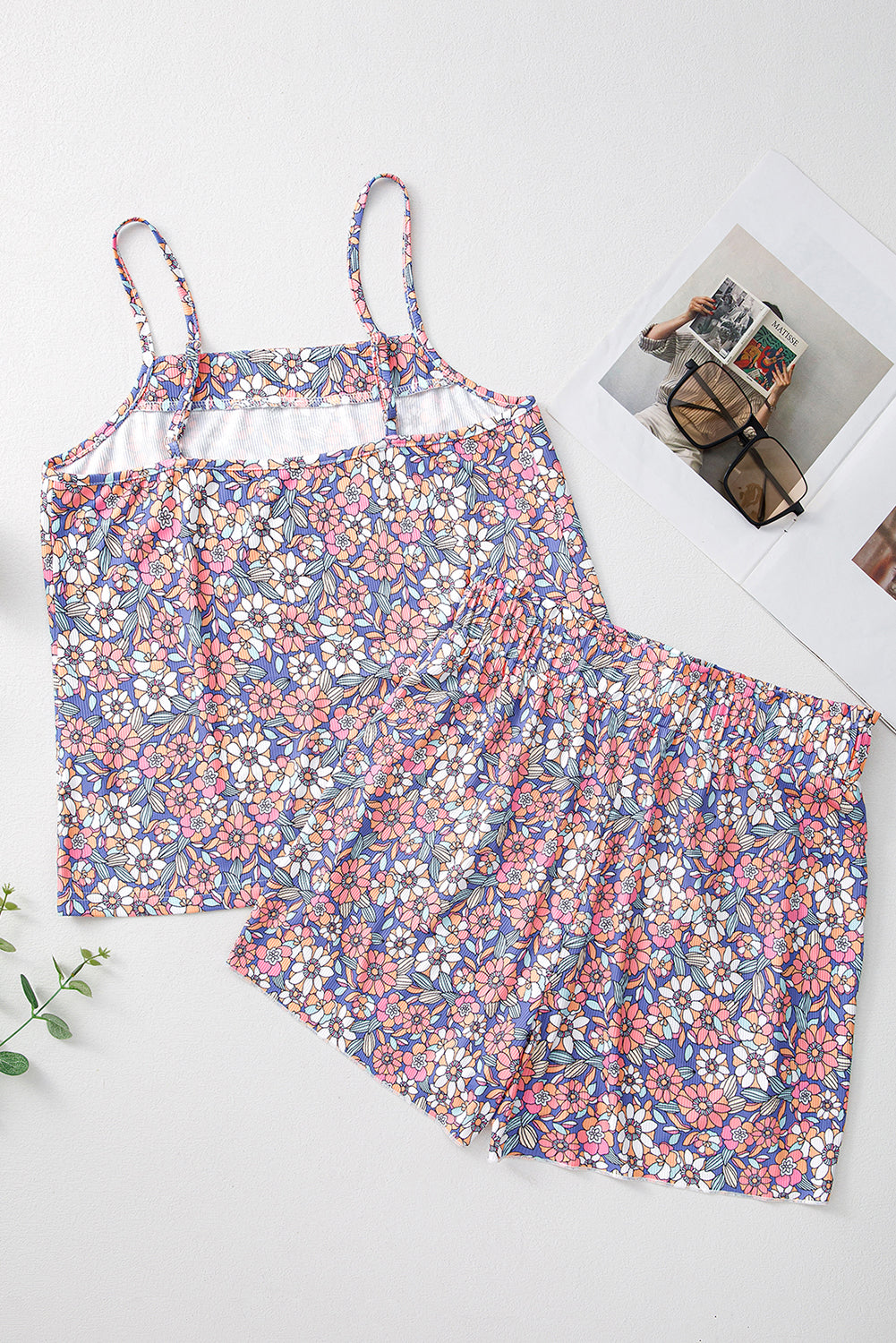 Sky Blue Floral Print Spaghetti Straps Tank Top and Shorts Set
