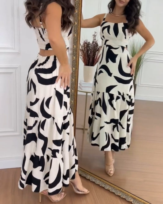 Abstract Print Spaghetti Strap Maxi Dress Casual Hollow Out Ruffles Hem Dress