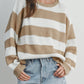 Light French Beige Colorblock Striped Drop Shoulder Side Slit Sweater