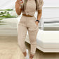 2 Piece Round Neck Short Sleeve Top Drawstring Shirred Pants with Pocket Casual Pants Set