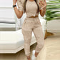 2 Piece Round Neck Short Sleeve Top Drawstring Shirred Pants with Pocket Casual Pants Set