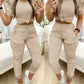 2 Piece Round Neck Short Sleeve Top Drawstring Shirred Pants with Pocket Casual Pants Set