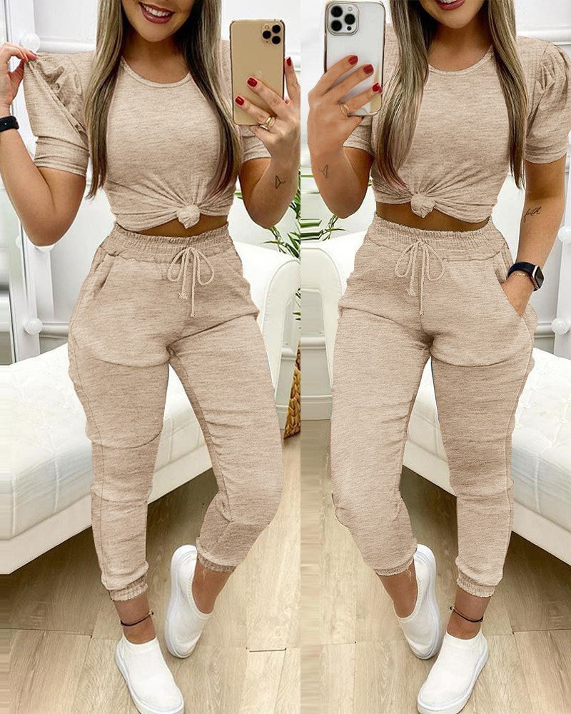 2 Piece Round Neck Short Sleeve Top Drawstring Shirred Pants with Pocket Casual Pants Set