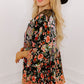 Black Plus Size Paisley Floral Print V Neck Bubble Sleeve Blouse