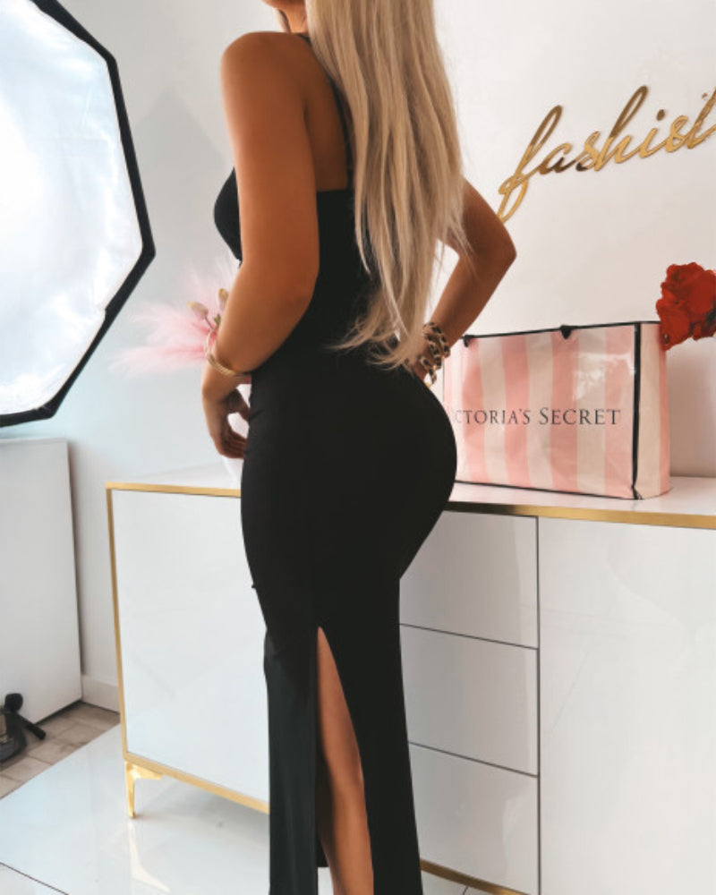 Metal Flower Decor Spaghetti Straps Cutout Side Slit Party Dress Ruched Bodycon Dress