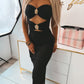 Metal Flower Decor Spaghetti Straps Cutout Side Slit Party Dress Ruched Bodycon Dress