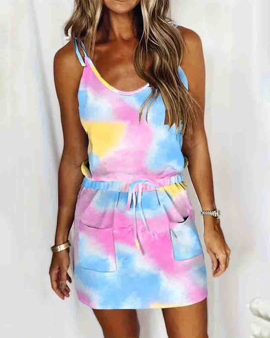 Tie Dye Print Drawstring Casual Dress