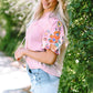 Pink Floral Embroidered Puff Sleeve Split Neck Blouse