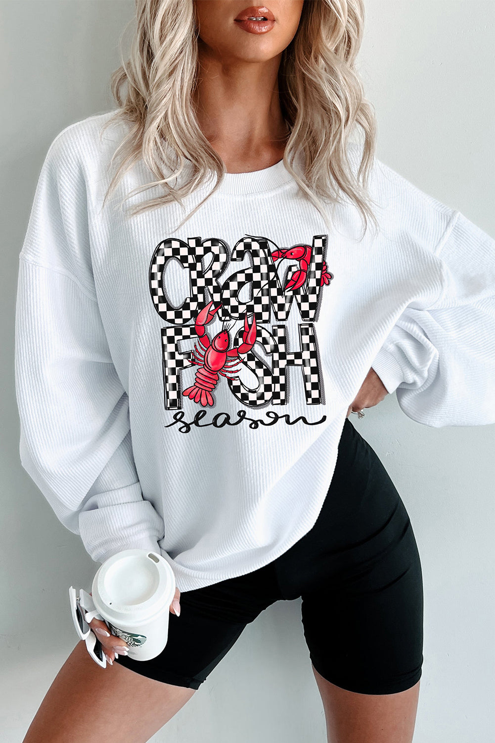 White Crawfish Season Checkered Letter Graphic Corded Sweatshirt