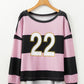 Pink Stripe Color Block Number 22 Print Game Day Loose Long Sleeve Top