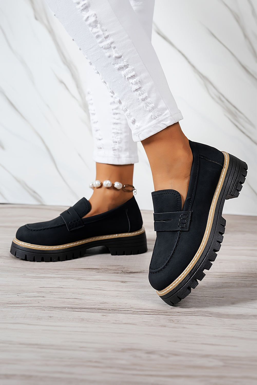 Black Faux Suede Slip-on Chunky Loafers