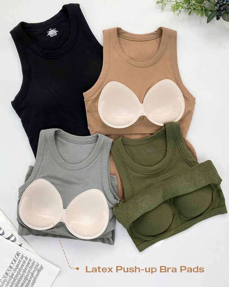 Built in Bra Crewneck Tank Top Terry Towelling Lined Sleeveless Slim Fit Layering Shirt Tops