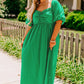 Bright Green Ruched Front Puff Sleeve Plus Size Long Dress