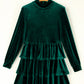 Evergreen Velvet High Neck Tiered Ruffle Mini Dress
