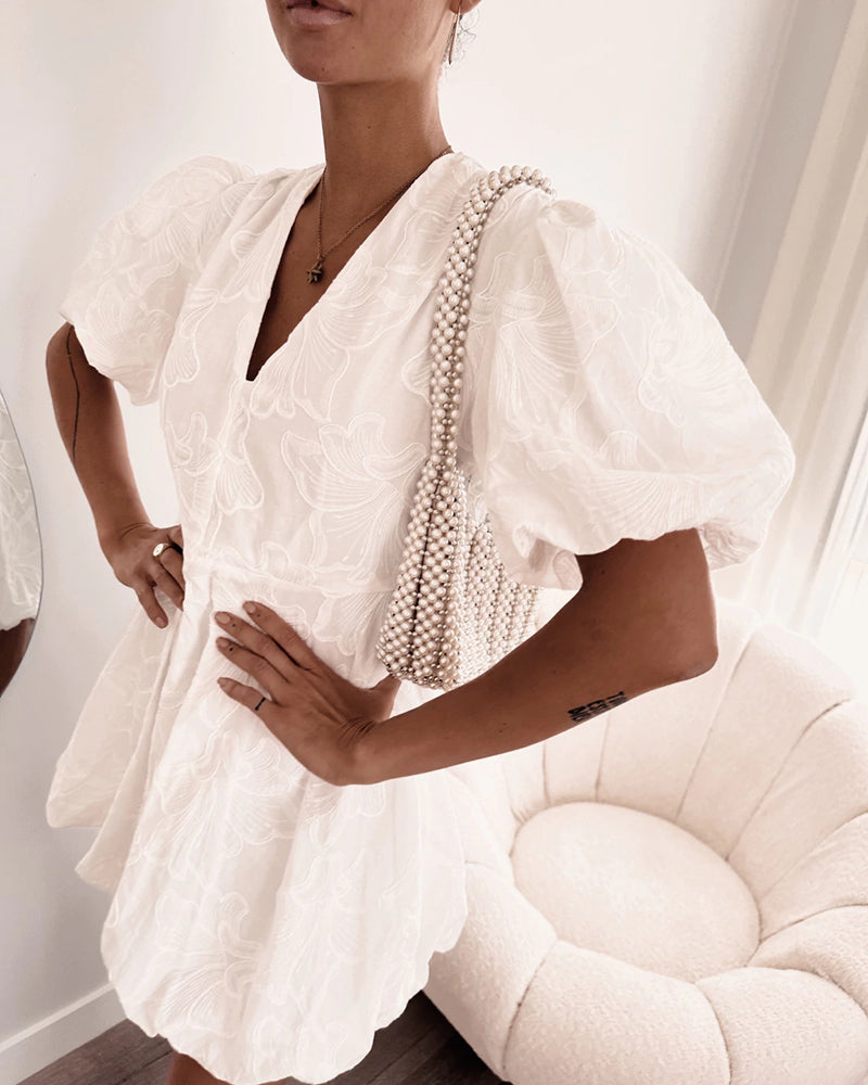 Lace Floral Puff Sleeve V Neck Mini Dress Casual Waist A Line Dress