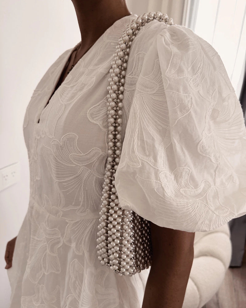 Lace Floral Puff Sleeve V Neck Mini Dress Casual Waist A Line Dress