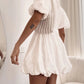 Lace Floral Puff Sleeve V Neck Mini Dress Casual Waist A Line Dress
