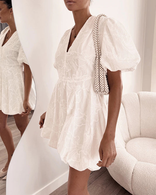 Lace Floral Puff Sleeve V Neck Mini Dress Casual Waist A Line Dress