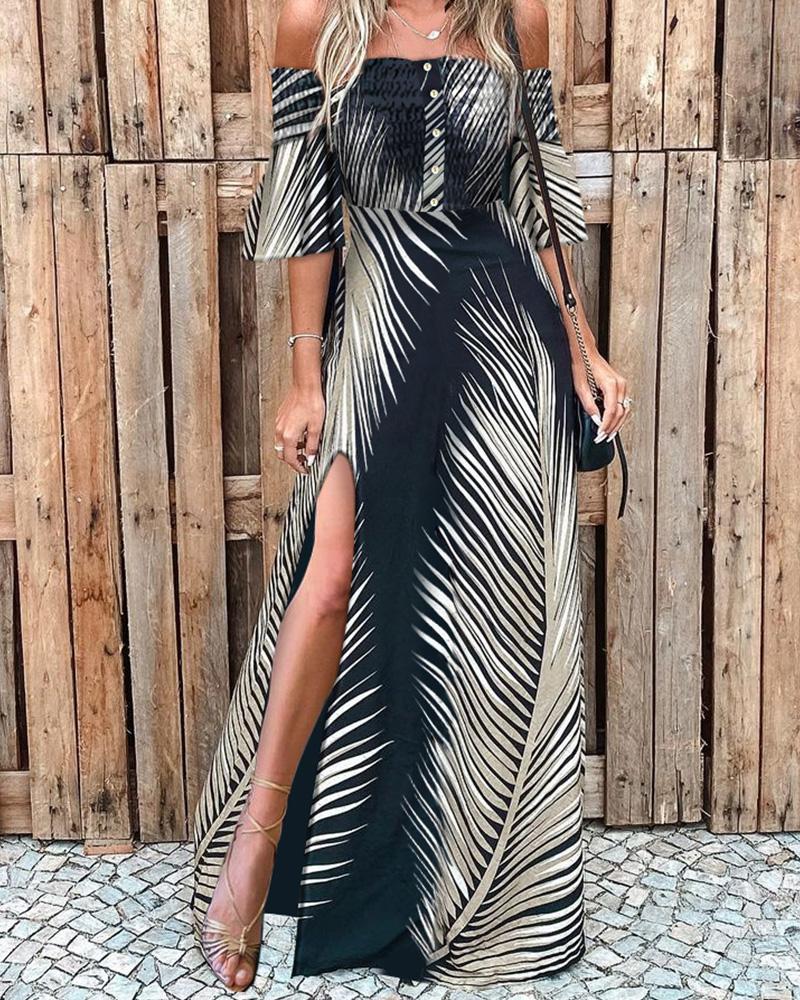 Off Shoulder Smoked Cutout Leaf Print Slit Dress